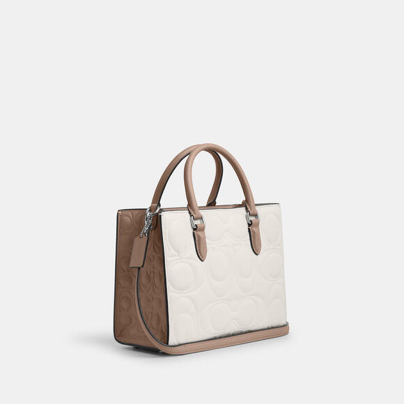Maggie Small Tote Bag In Blocked Signature Leather Chalk/Tan - Picture 3 of 14